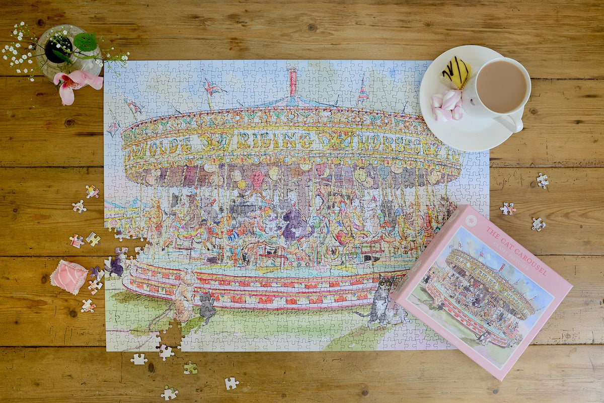The Cat Carousel 1000 Piece Jigsaw Puzzle by Claire Fletcher – Fairground Cat Artwork, 66 x 50cm