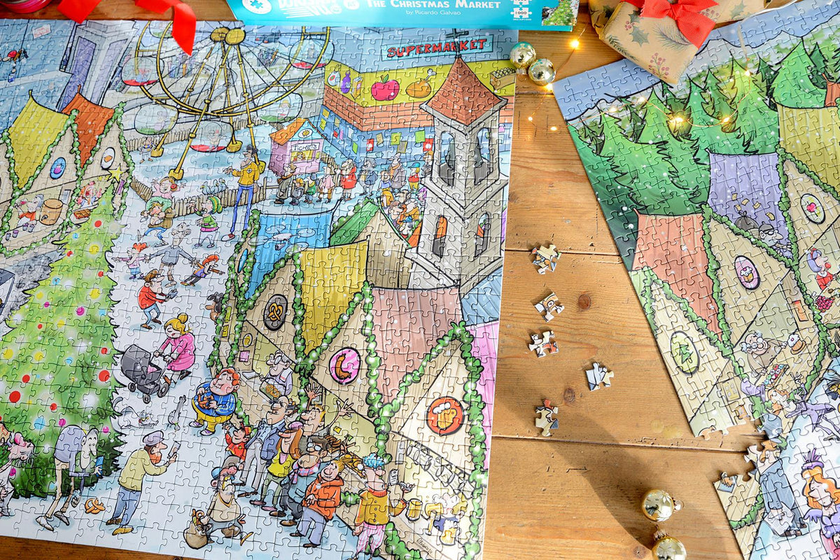 Djigsaw Vu at the Christmas Market 2 x 1000 Piece Jigsaw Puzzles – Then-and-Now Festive Scenes, Christmas Gift