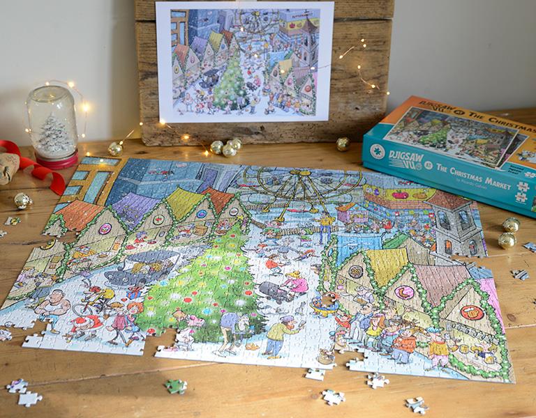 Djigsaw Vu at the Christmas Market 2 x 1000 Piece Jigsaw Puzzles – Then-and-Now Festive Scenes, Christmas Gift