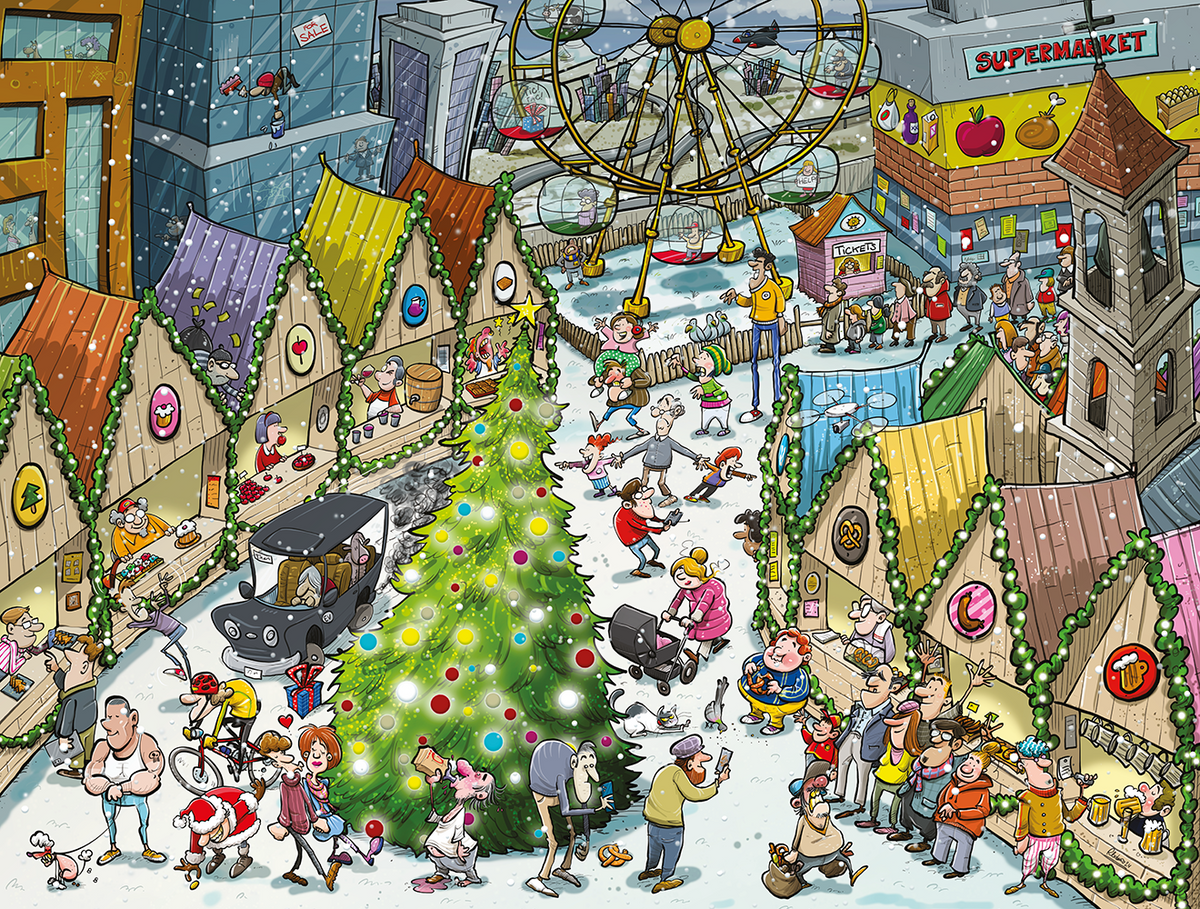 Djigsaw Vu at the Christmas Market 2 x 1000 Piece Jigsaw Puzzles – Then-and-Now Festive Scenes, Christmas Gift