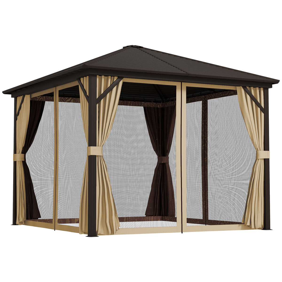 Outsunny 3x3m Hardtop Gazebo with Curtains & Insect Netting – Aluminium Frame Garden Shelter, Bronze/Brown