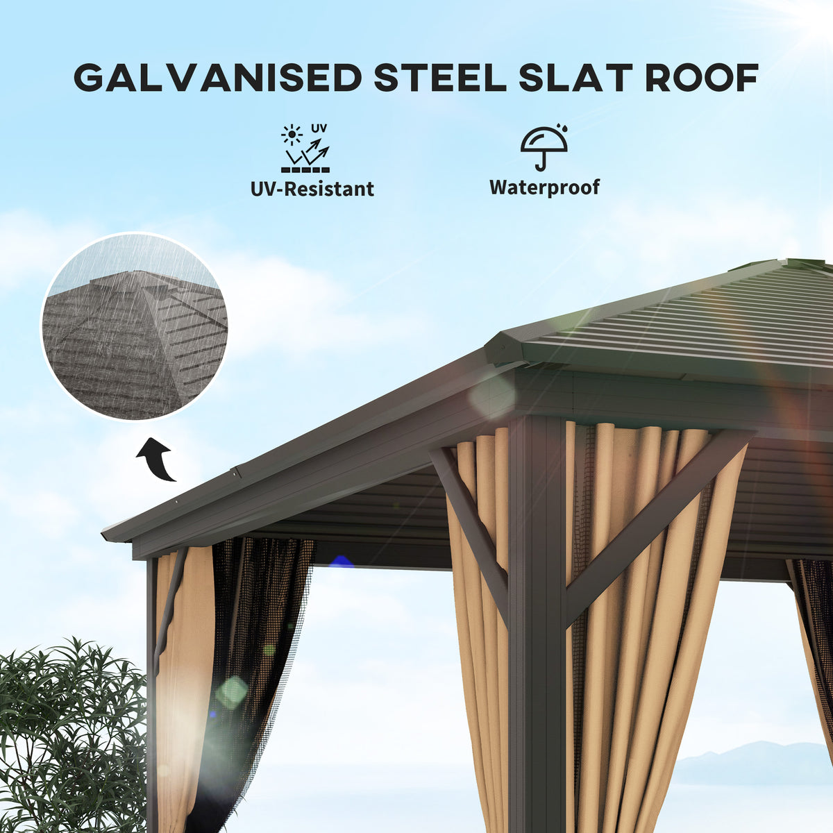 Outsunny 3x3m Hardtop Gazebo with Curtains & Insect Netting – Aluminium Frame Garden Shelter, Bronze/Brown