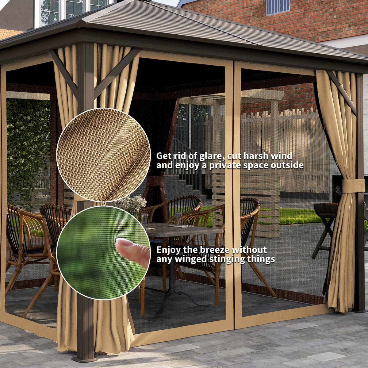 Outsunny 3x3m Hardtop Gazebo with Curtains & Insect Netting – Aluminium Frame Garden Shelter, Bronze/Brown