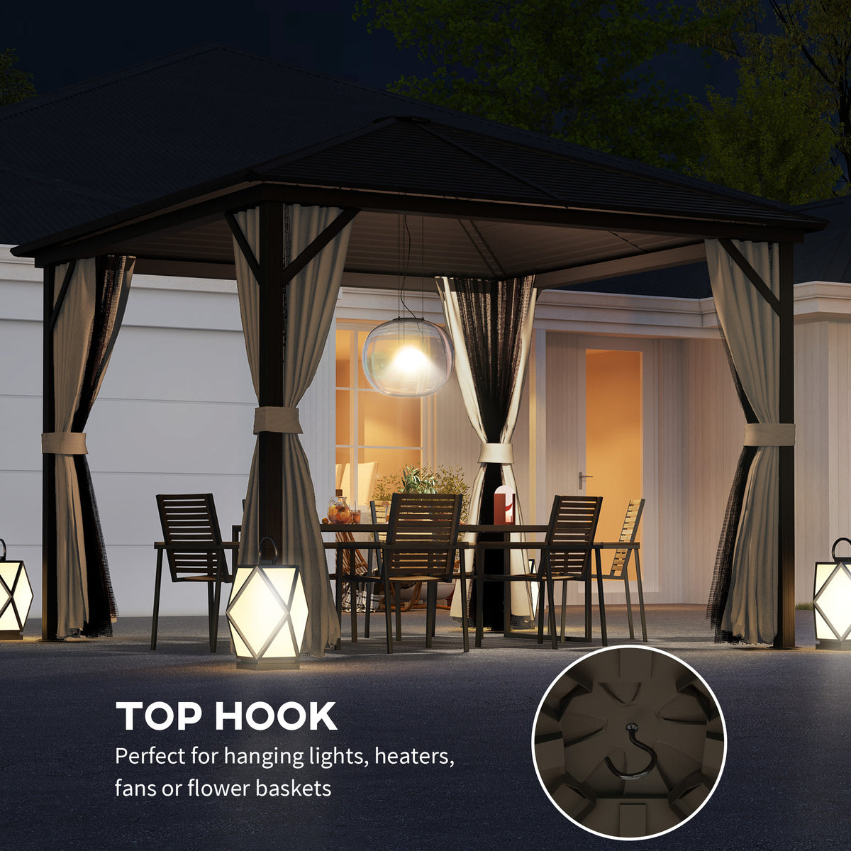 Outsunny 3x3m Hardtop Gazebo with Curtains & Insect Netting – Aluminium Frame Garden Shelter, Bronze/Brown