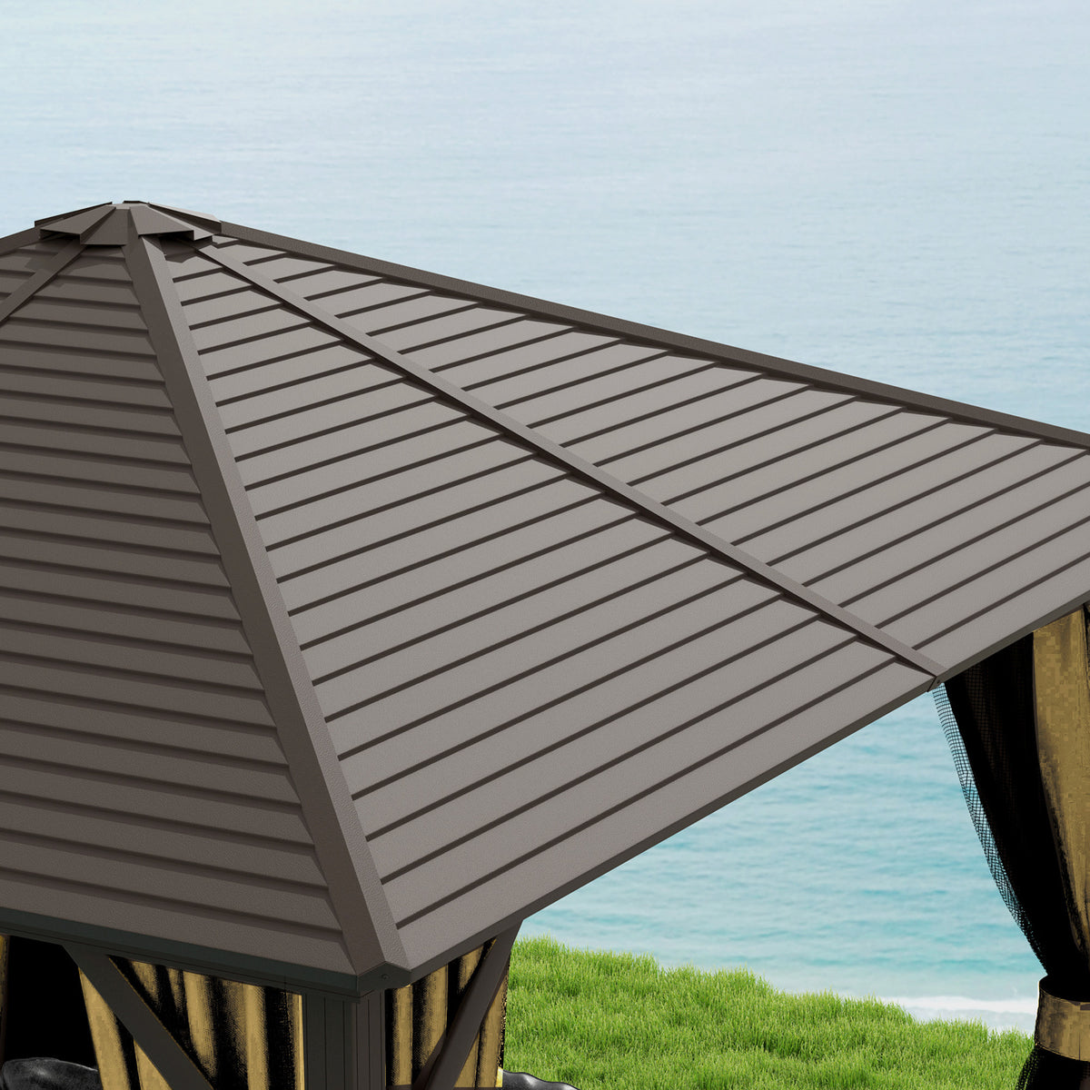 Outsunny 3x3m Hardtop Gazebo with Curtains & Insect Netting – Aluminium Frame Garden Shelter, Bronze/Brown