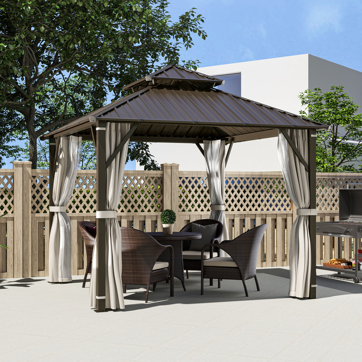 Outsunny 3x3m Hardtop Gazebo with Powder-Coated Metal Roof, Curtains & Mesh Netting – Garden Shelter, Beige
