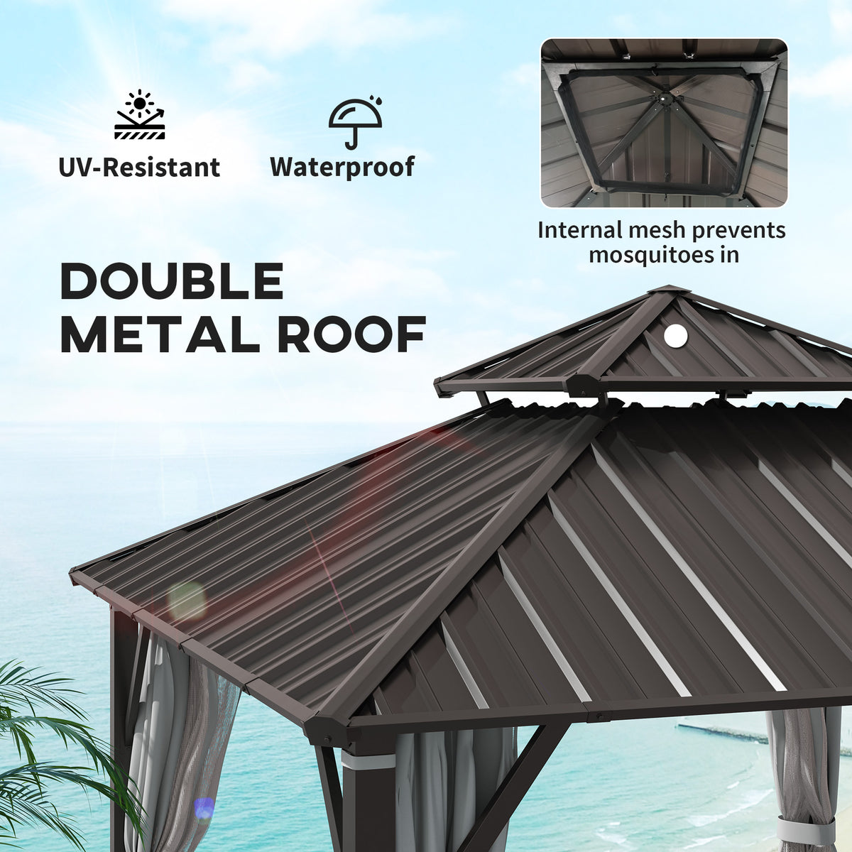 Outsunny 3x3m Hardtop Gazebo with Powder-Coated Metal Roof, Curtains & Mesh Netting – Garden Shelter, Beige