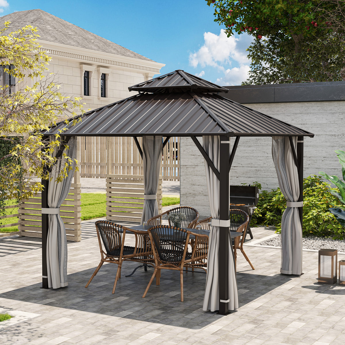 Outsunny 3x3m Hardtop Gazebo with Powder-Coated Metal Roof, Curtains & Mesh Netting – Garden Shelter, Beige
