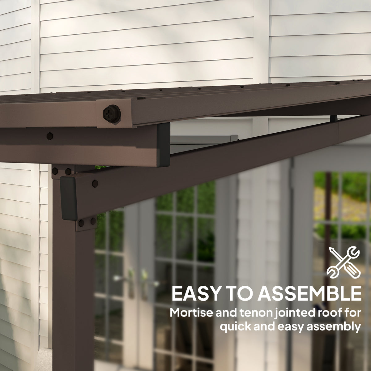Outsunny 3 x 3m Metal Lean-To Pergola with Waterproof Sloped Roof, 60kg/m² Snow Load – Garden Shelter, Brown