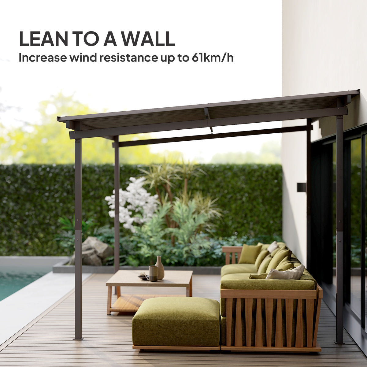 Outsunny 3 x 3m Metal Lean-To Pergola with Waterproof Sloped Roof, 60kg/m² Snow Load – Garden Shelter, Brown