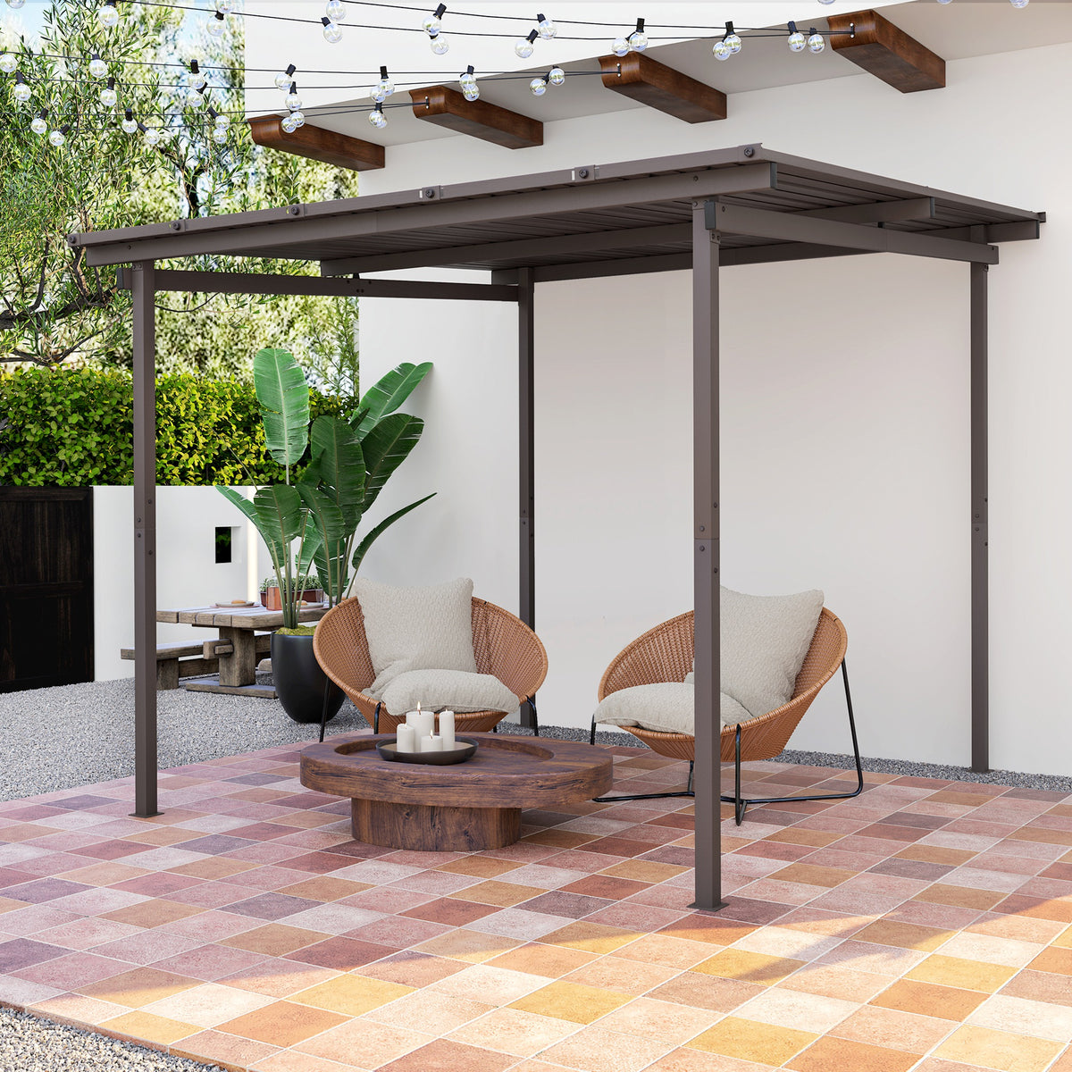 Outsunny 3 x 3m Metal Lean-To Pergola with Waterproof Sloped Roof, 60kg/m² Snow Load – Garden Shelter, Brown