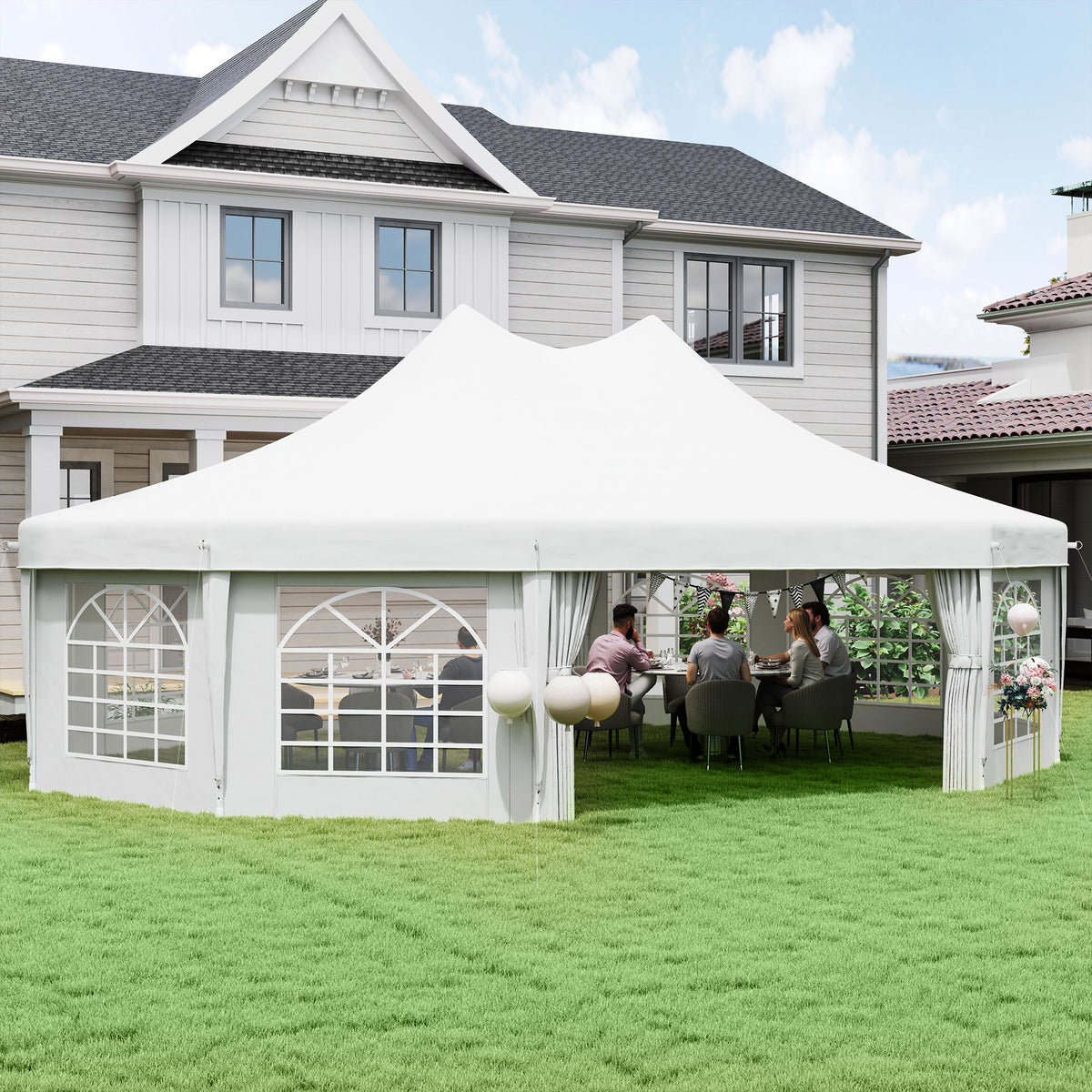 Outsunny 10-Sided Heavy Duty Party Tent Gazebo Marquee with Water-Resistant Cover & Steel Frame, 8.9m, White