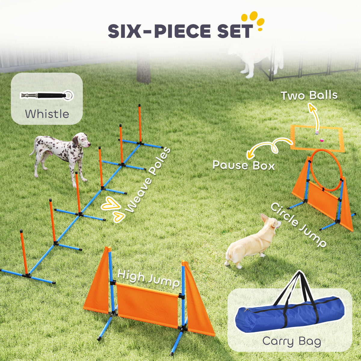 PawHut 6 Piece Dog Agility Equipment with Jumps, Weave Poles, Pause Box & Carry Bag – Obstacle Training Course Kit