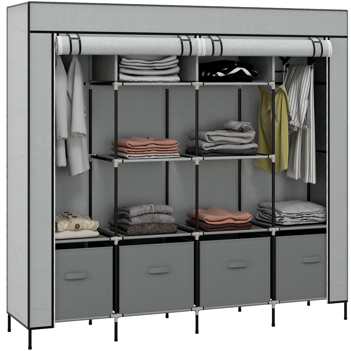 HOMCOM Foldable Fabric Wardrobe with 2 Hanging Rails, 10 Compartments & 4 Drawers – Bedroom Storage, Dark Grey