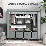 HOMCOM Foldable Fabric Wardrobe with 2 Hanging Rails, 10 Compartments & 4 Drawers – Bedroom Storage, Dark Grey