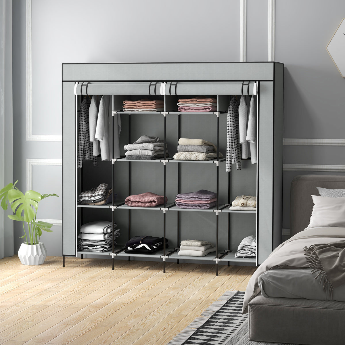 HOMCOM Foldable Fabric Wardrobe with 2 Hanging Rails, 10 Compartments & 4 Drawers – Bedroom Storage, Dark Grey