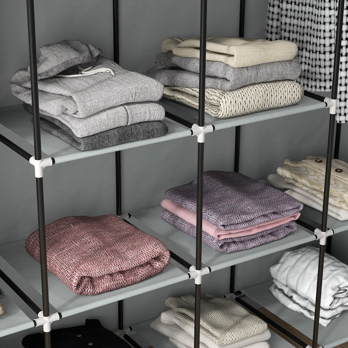 HOMCOM Foldable Fabric Wardrobe with 2 Hanging Rails, 10 Compartments & 4 Drawers – Bedroom Storage, Dark Grey