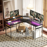 HOMCOM L-Shaped Corner Computer Desk with Monitor Stand & Power Outlets – Home Office Workstation, Black