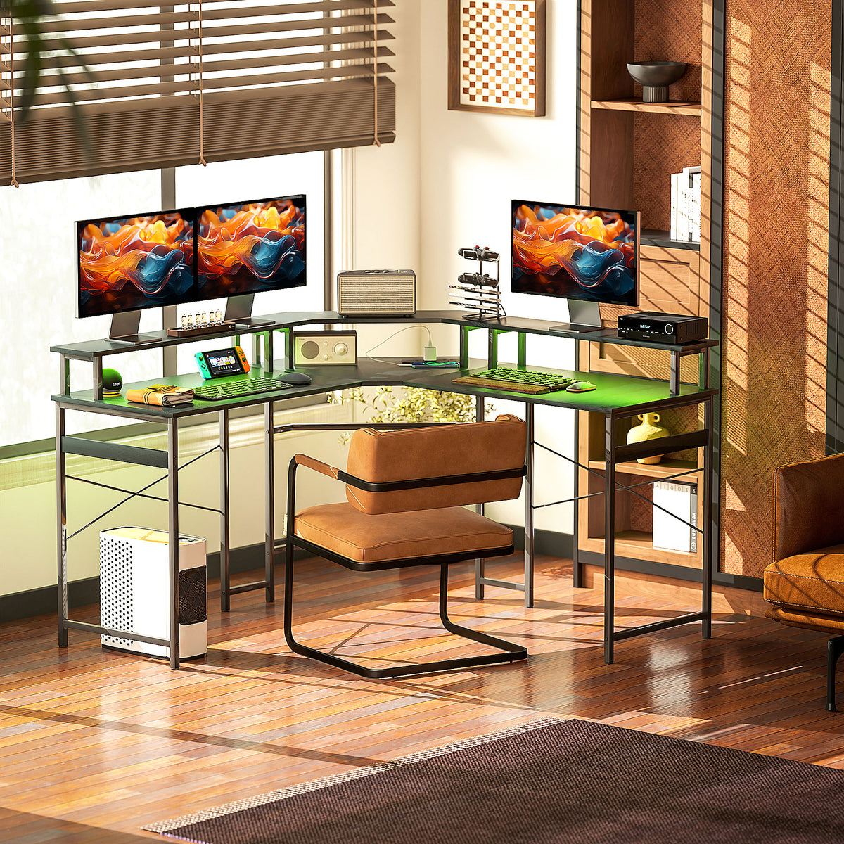 HOMCOM L-Shaped Corner Computer Desk with Monitor Stand & Power Outlets – Home Office Workstation, Black