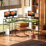 HOMCOM L-Shaped Corner Computer Desk with Monitor Stand & Power Outlets – Home Office Workstation, Black