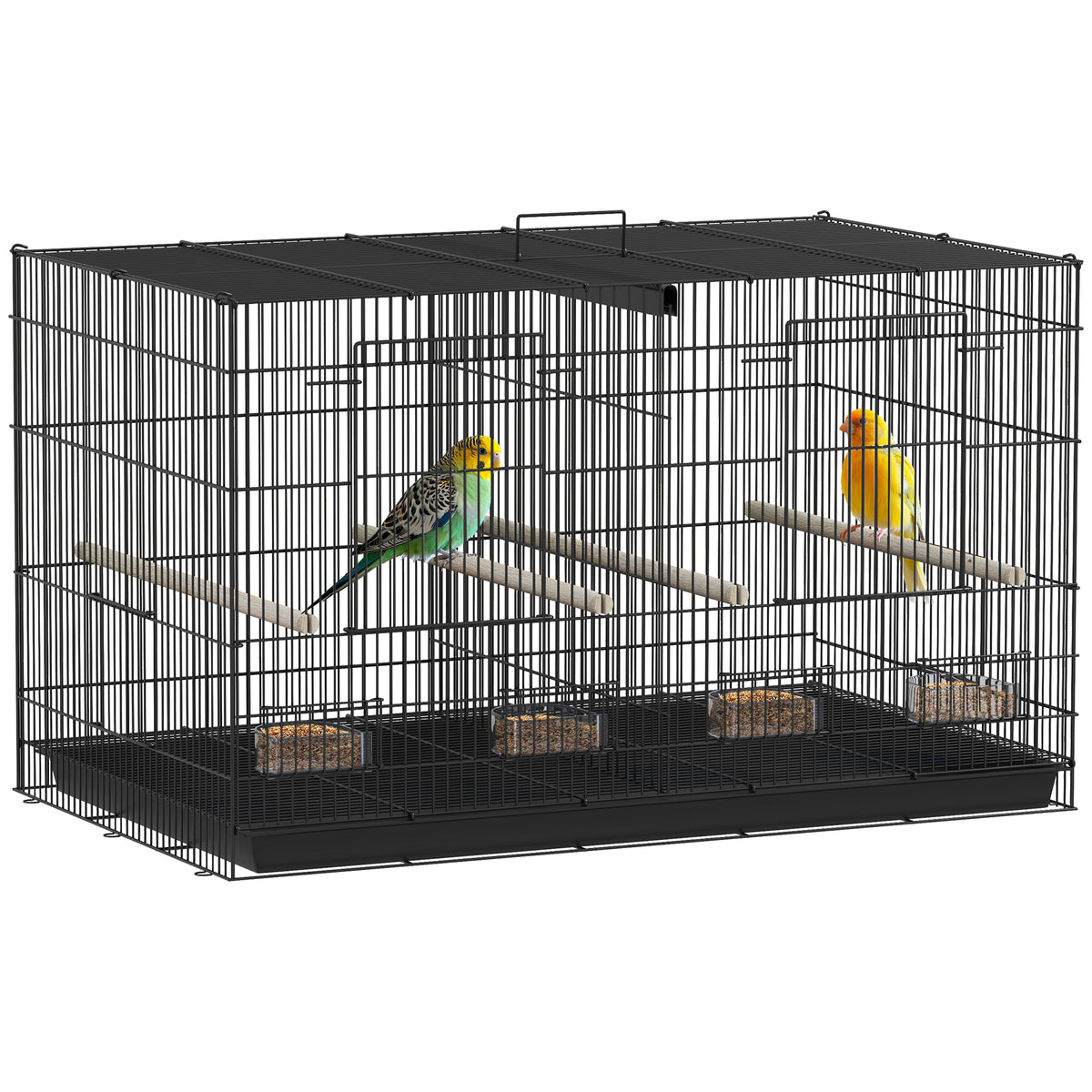 PawHut Bird Cage with Divider, 4 Wooden Perches, 4 Food Dishes & Slide Out Tray – Budgie Cage, Black