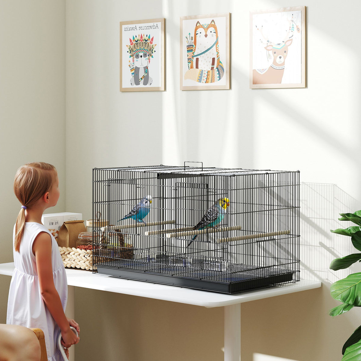 PawHut Bird Cage with Divider, 4 Wooden Perches, 4 Food Dishes & Slide Out Tray – Budgie Cage, Black