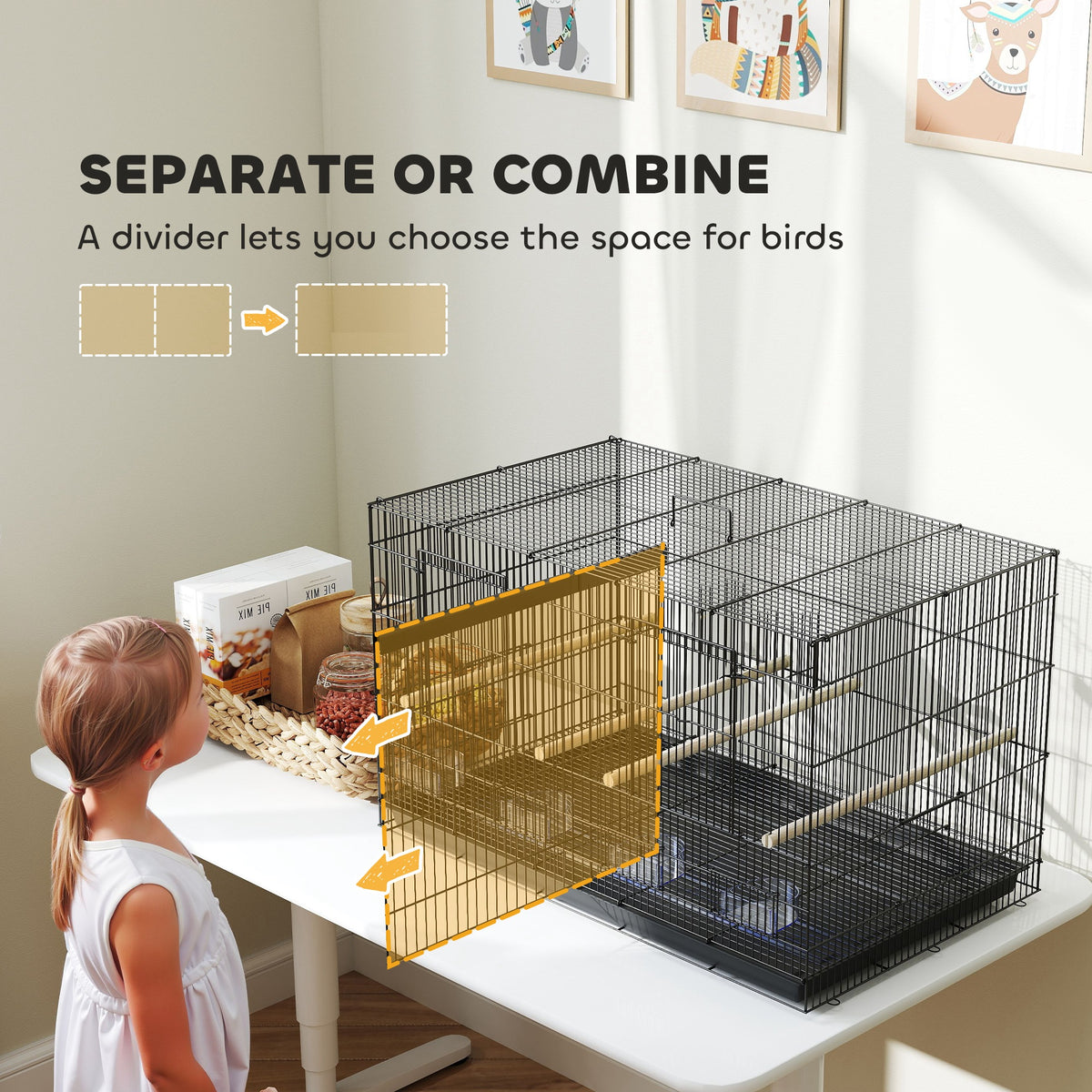 PawHut Bird Cage with Divider, 4 Wooden Perches, 4 Food Dishes & Slide Out Tray – Budgie Cage, Black