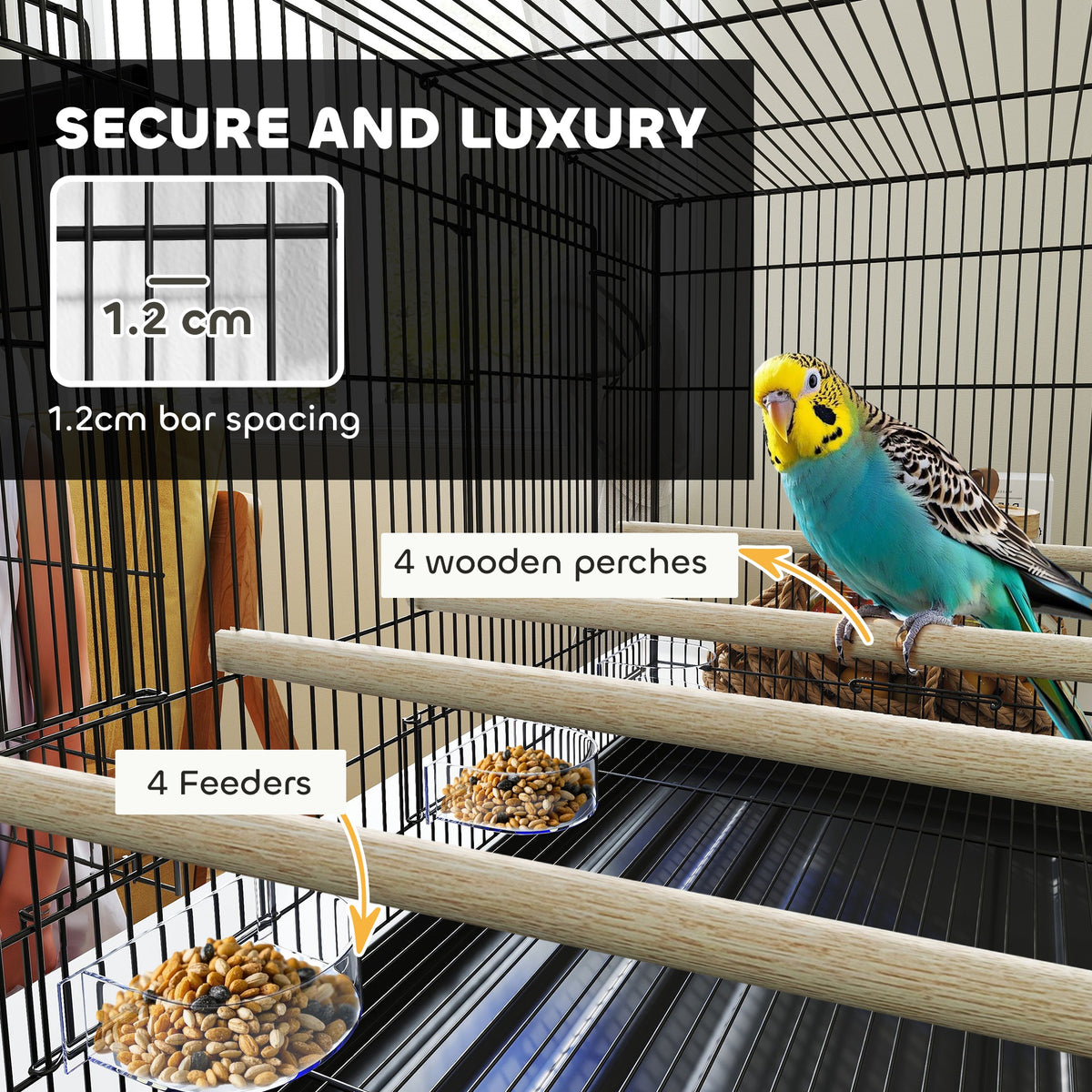 PawHut Bird Cage with Divider, 4 Wooden Perches, 4 Food Dishes & Slide Out Tray – Budgie Cage, Black