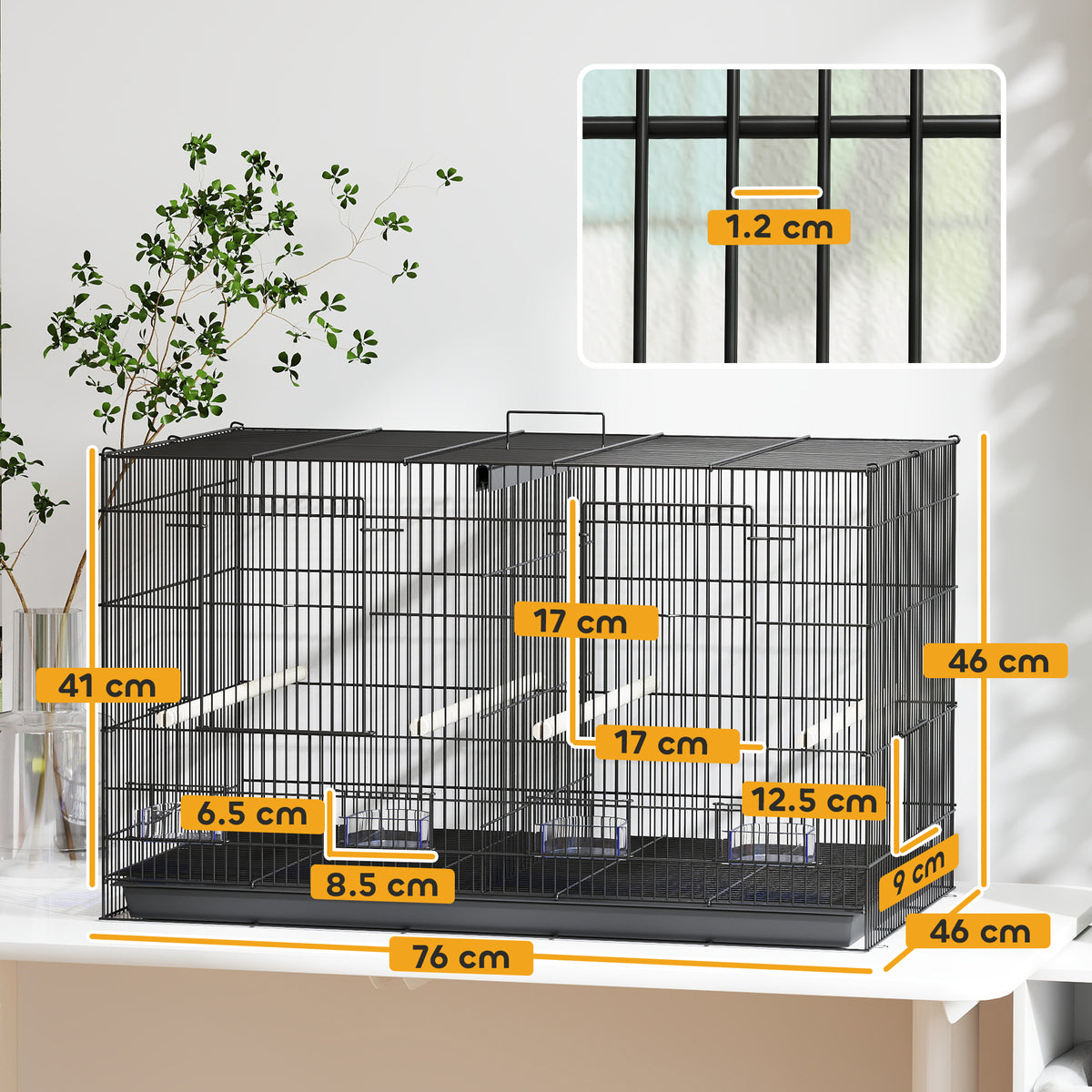 PawHut Bird Cage with Divider, 4 Wooden Perches, 4 Food Dishes & Slide Out Tray – Budgie Cage, Black