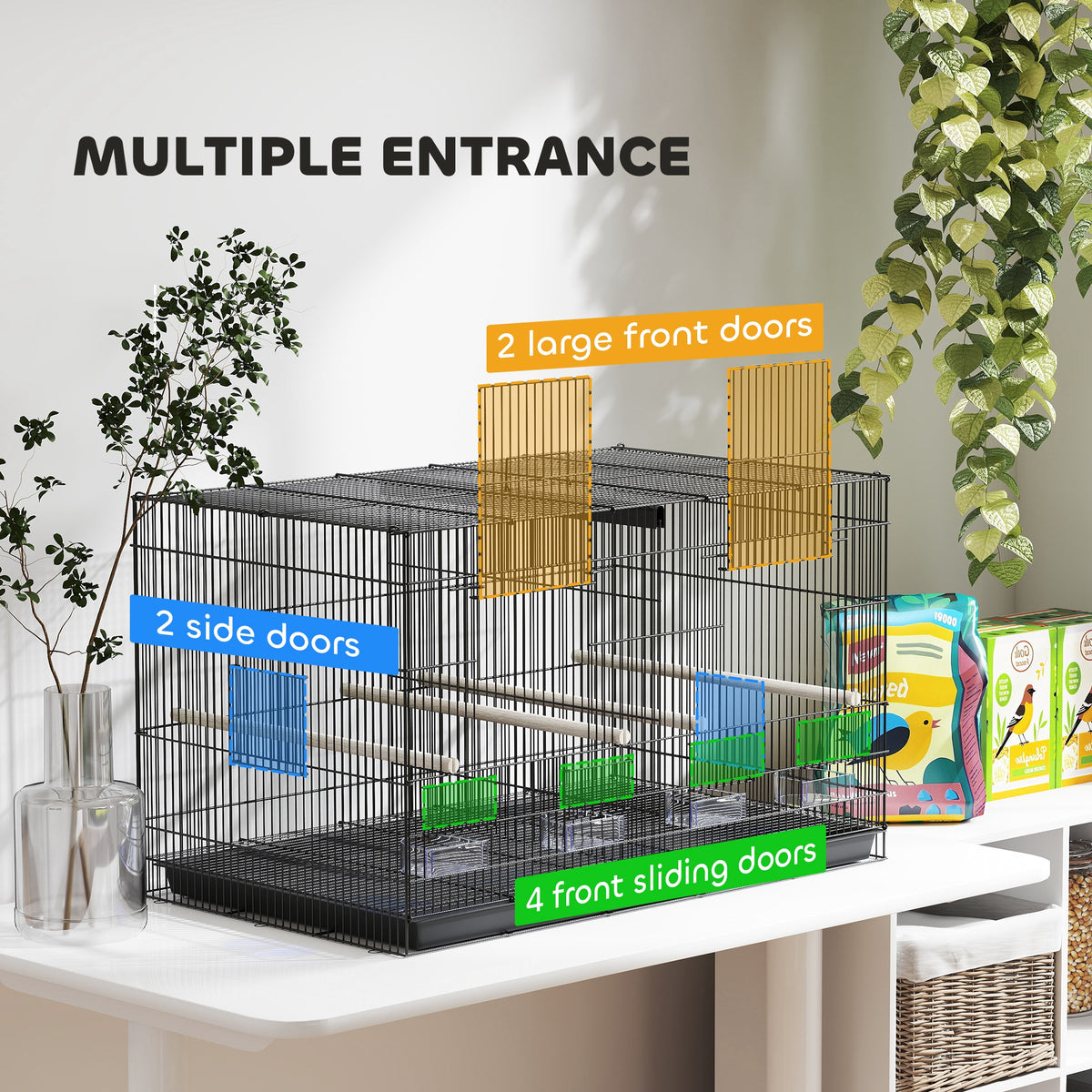PawHut Bird Cage with Divider, 4 Wooden Perches, 4 Food Dishes & Slide Out Tray – Budgie Cage, Black