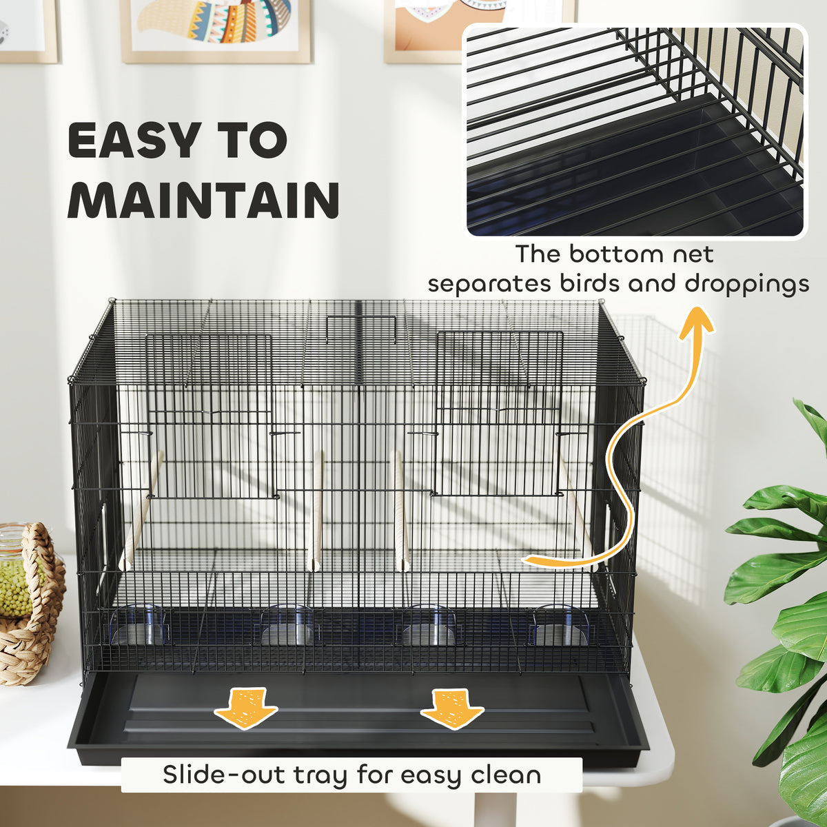 PawHut Bird Cage with Divider, 4 Wooden Perches, 4 Food Dishes & Slide Out Tray – Budgie Cage, Black