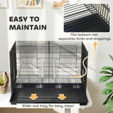 PawHut Bird Cage with Divider, 4 Wooden Perches, 4 Food Dishes & Slide Out Tray – Budgie Cage, Black