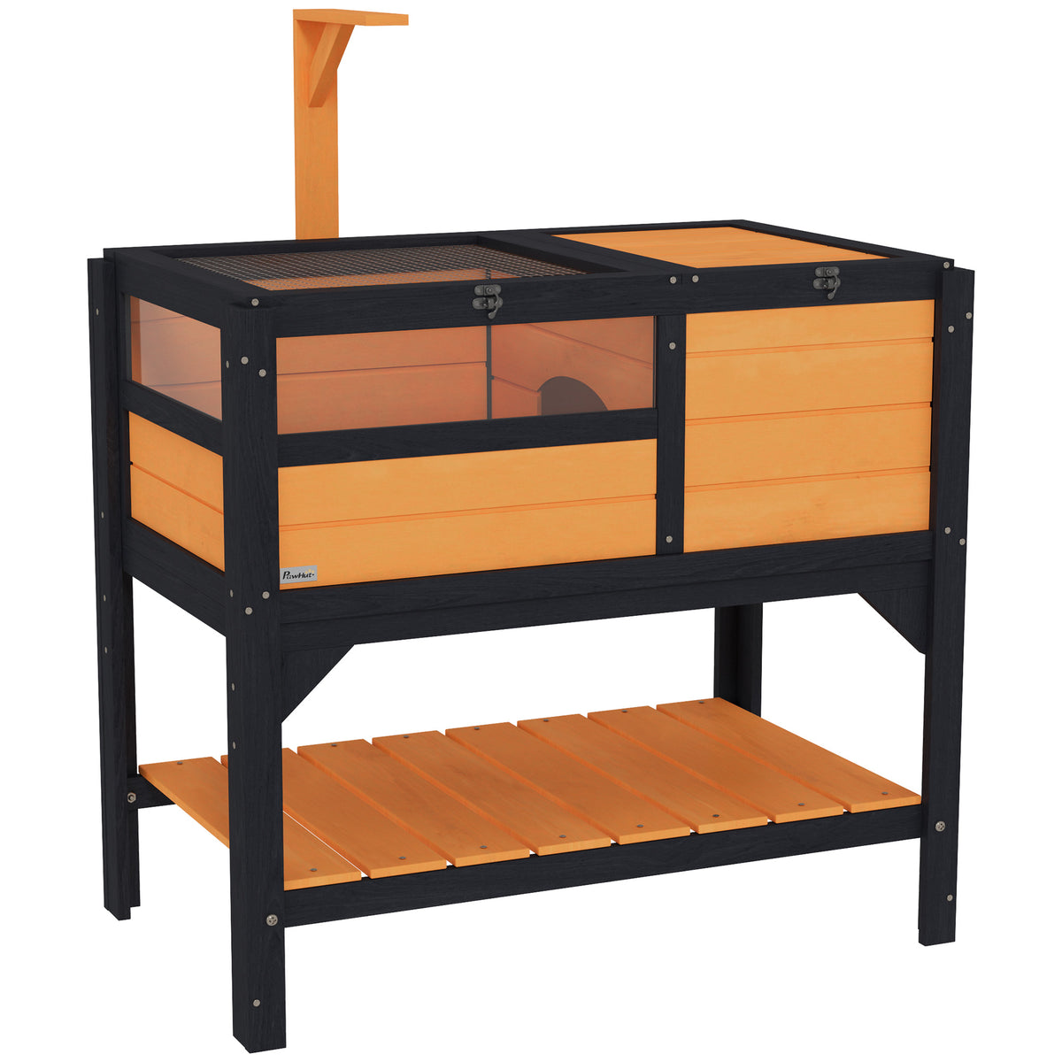 PawHut Wooden Tortoise House with Run, Hide Box, Shelf & Lamp Holder – Fir Wood Habitat, Yellow