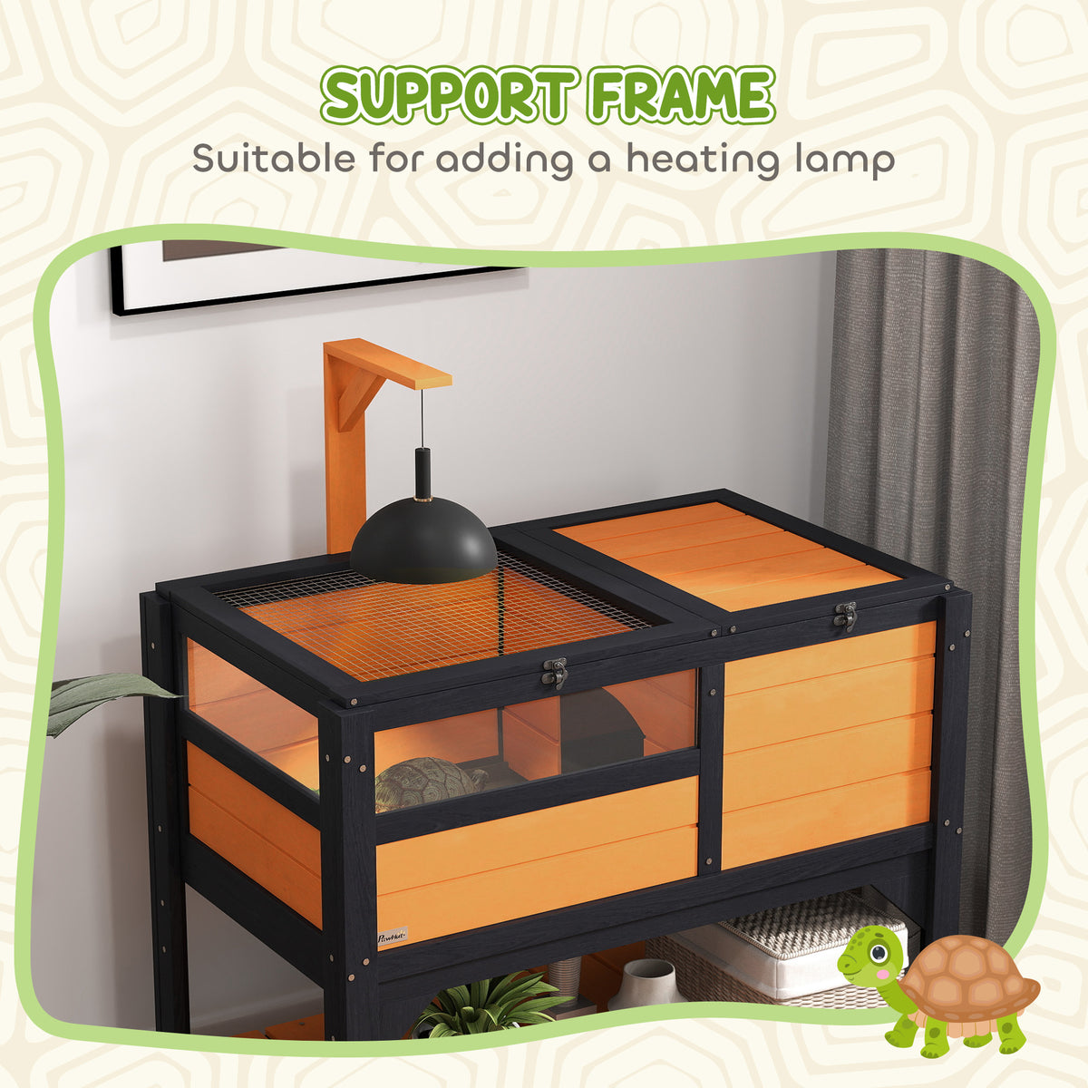 PawHut Wooden Tortoise House with Run, Hide Box, Shelf & Lamp Holder – Fir Wood Habitat, Yellow