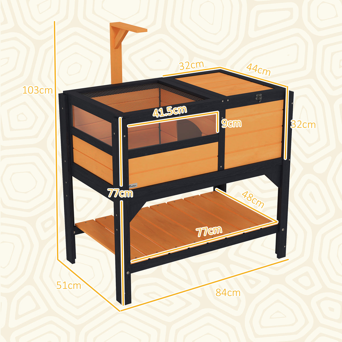 PawHut Wooden Tortoise House with Run, Hide Box, Shelf & Lamp Holder – Fir Wood Habitat, Yellow