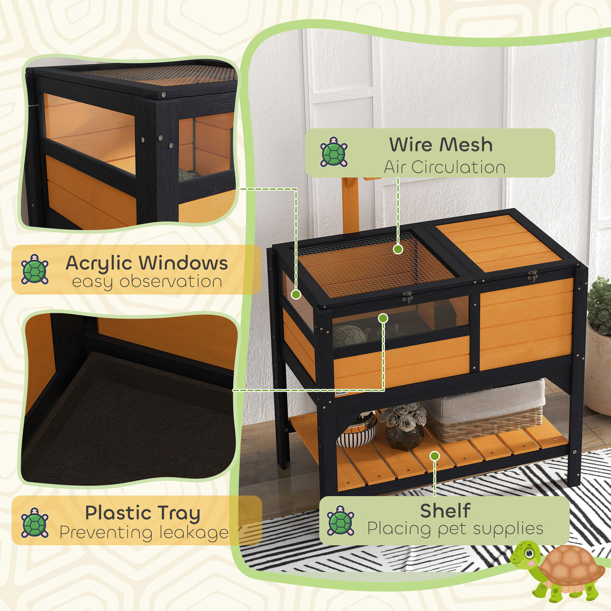 PawHut Wooden Tortoise House with Run, Hide Box, Shelf & Lamp Holder – Fir Wood Habitat, Yellow