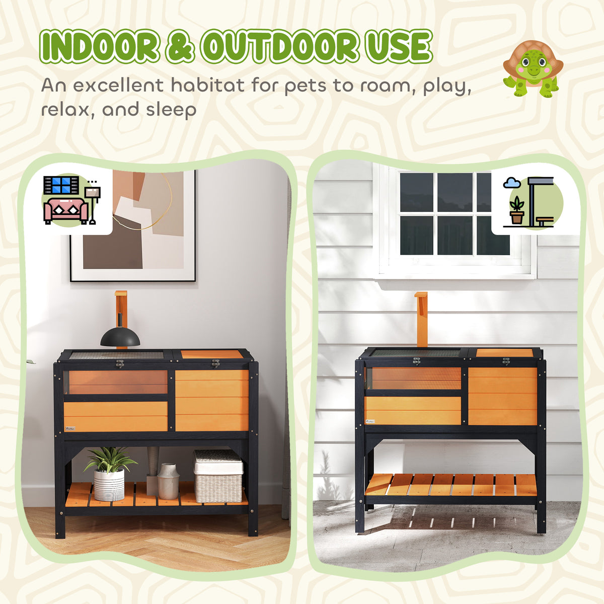 PawHut Wooden Tortoise House with Run, Hide Box, Shelf & Lamp Holder – Fir Wood Habitat, Yellow