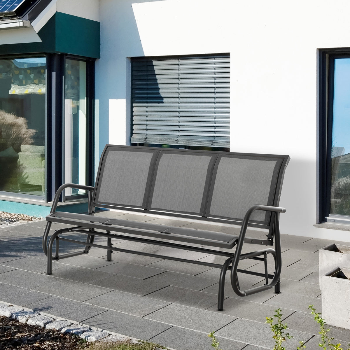 Outsunny 3-Seat Rocking Glider Garden Bench with Metal Frame and Texteline Panels – Outdoor Seating, Grey