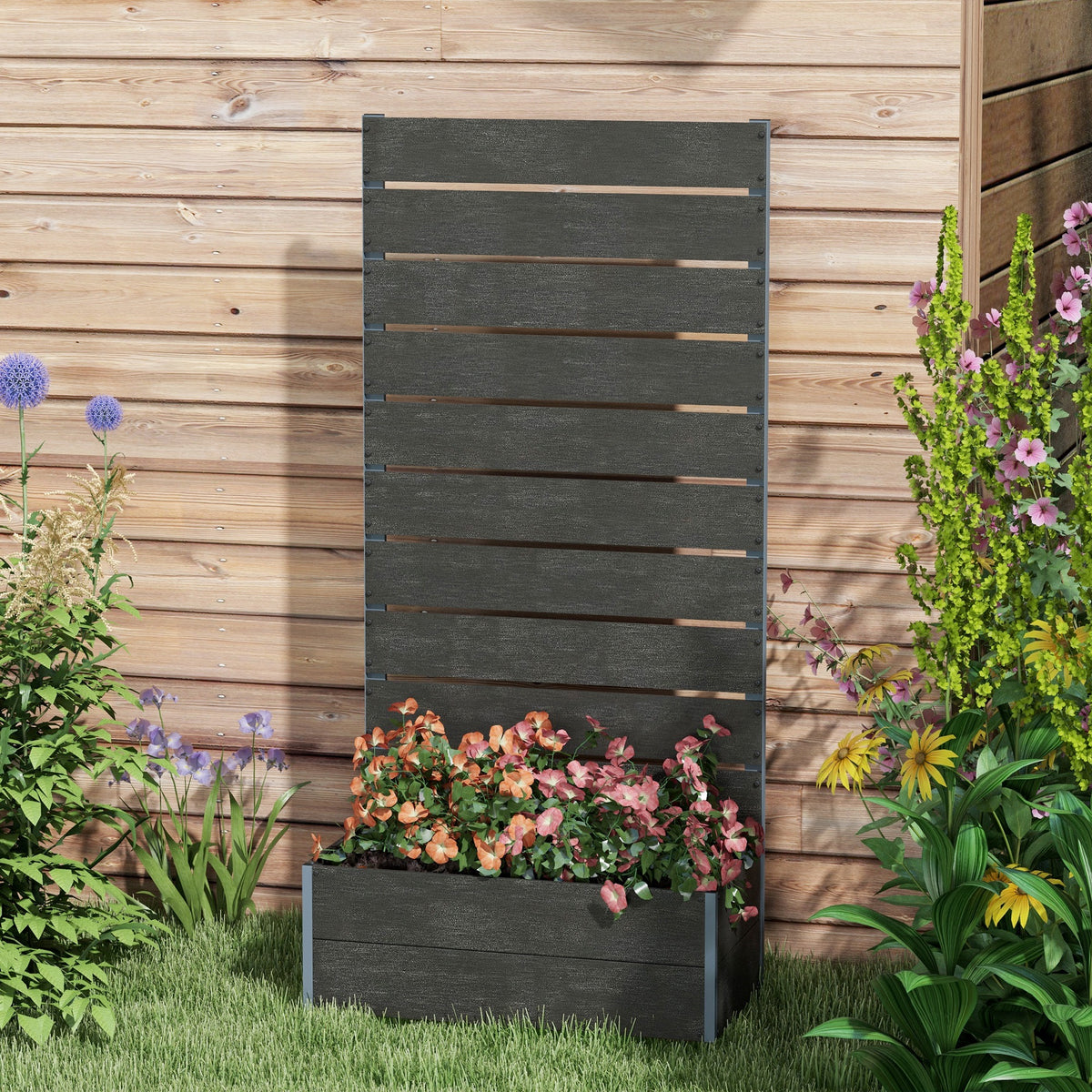 Outsunny Raised Garden Bed Planter Box with Trellis & Drainage Hole – Patio Planter for Vines & Herbs, Black
