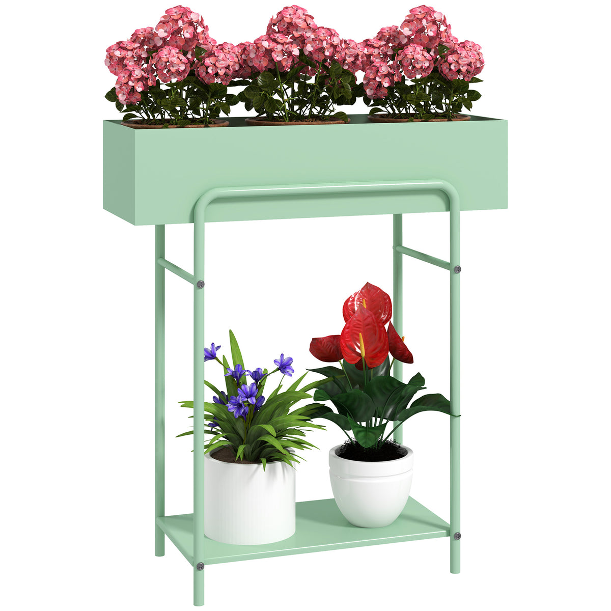 Outsunny Two-Tier Metal Plant Stand with Drain Holes and Top Fence – Indoor and Outdoor Pot Display, Green