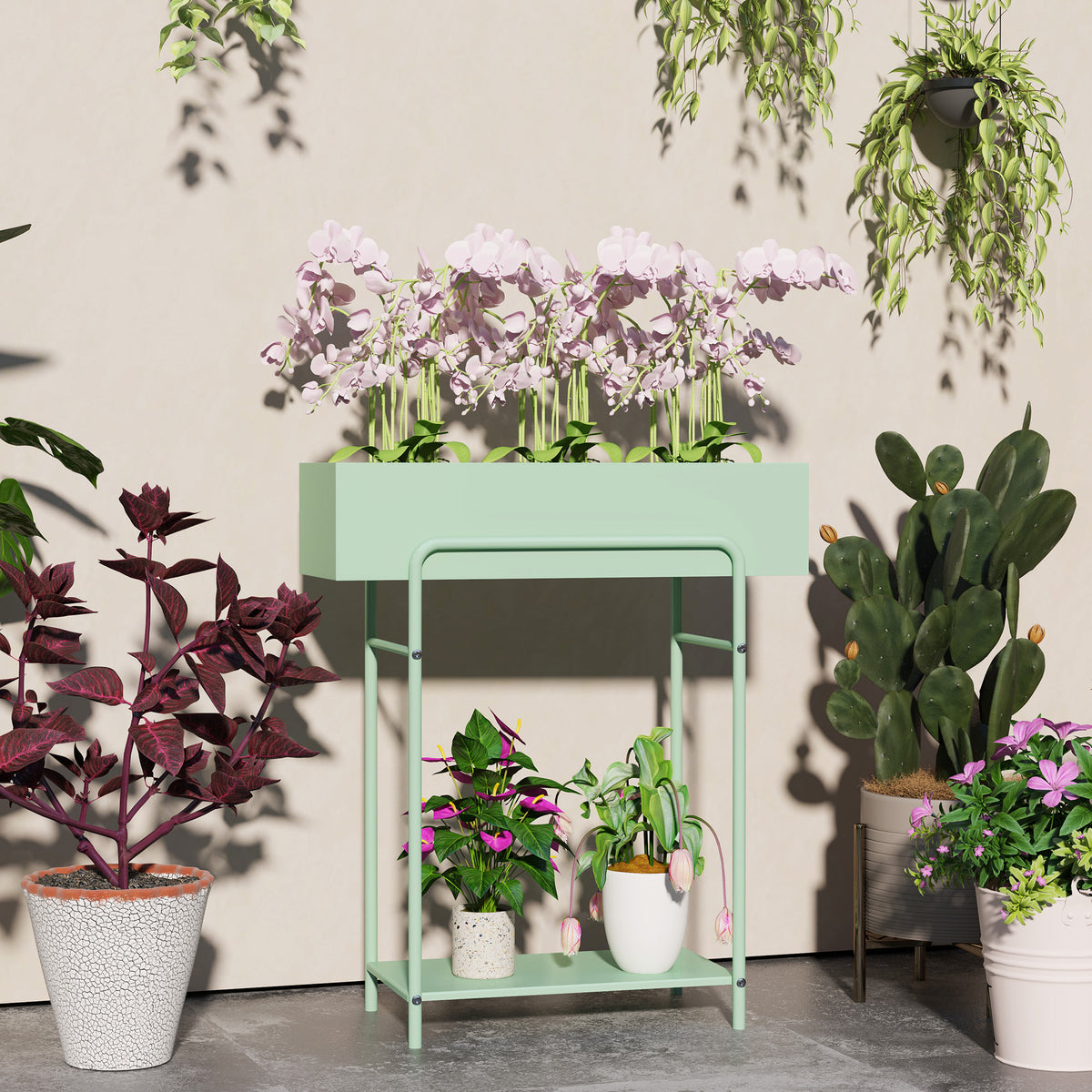 Outsunny Two-Tier Metal Plant Stand with Drain Holes and Top Fence – Indoor and Outdoor Pot Display, Green