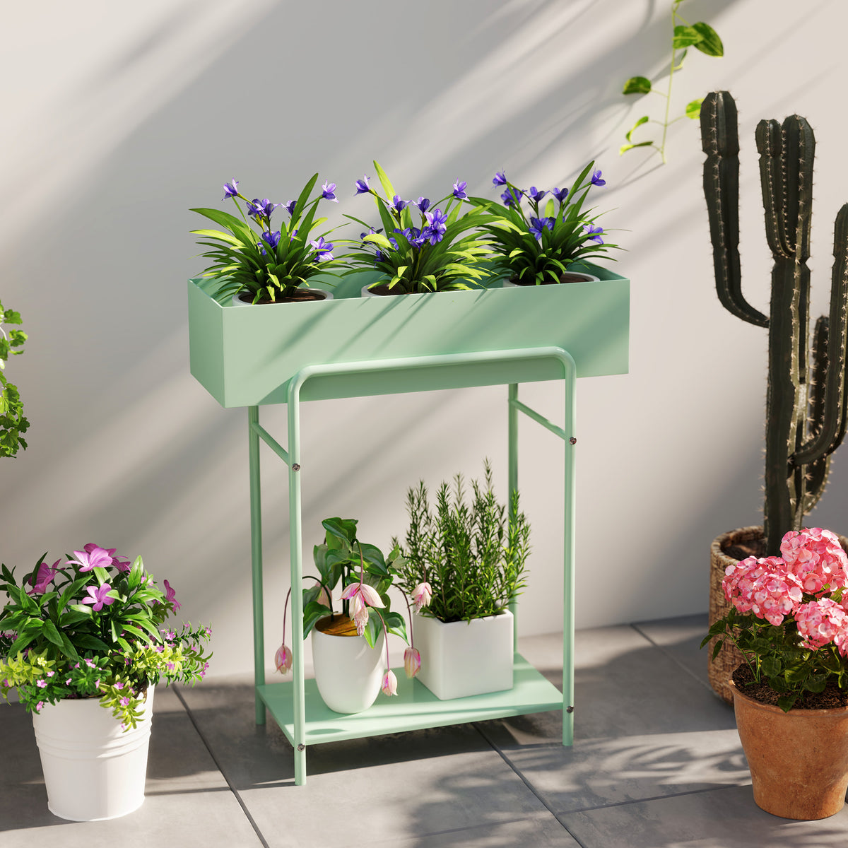 Outsunny Two-Tier Metal Plant Stand with Drain Holes and Top Fence – Indoor and Outdoor Pot Display, Green