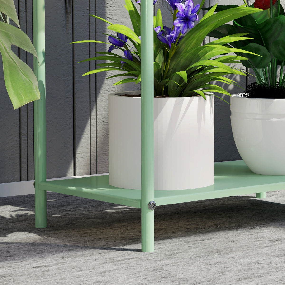 Outsunny Two-Tier Metal Plant Stand with Drain Holes and Top Fence – Indoor and Outdoor Pot Display, Green