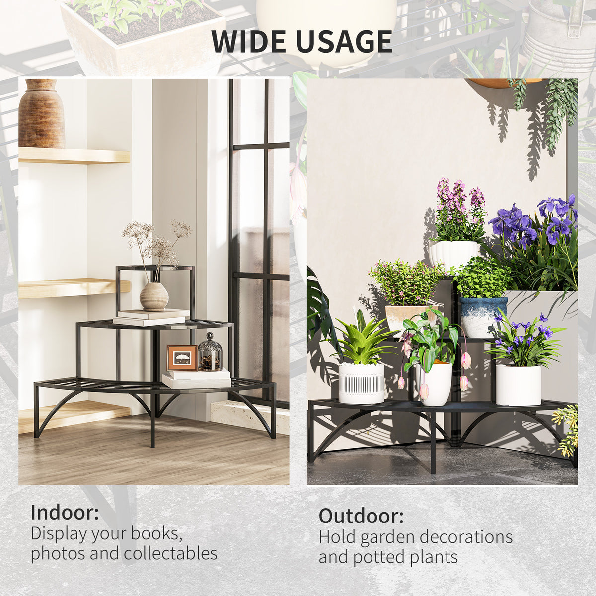 Outsunny 3 Tier Metal Corner Plant Stand – 90° Fan-Shaped Shelf for Garden, Balcony and Patio, Black