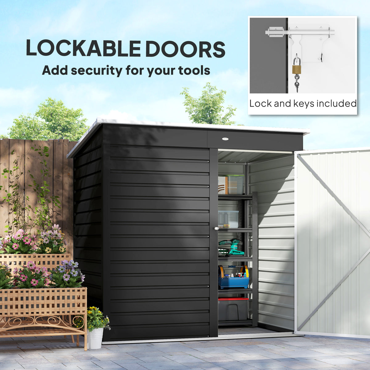 Outsunny 6x4ft Metal Garden Shed with Lockable Door & Pent Roof – Galvanised Steel Tool Storage, Dark Grey