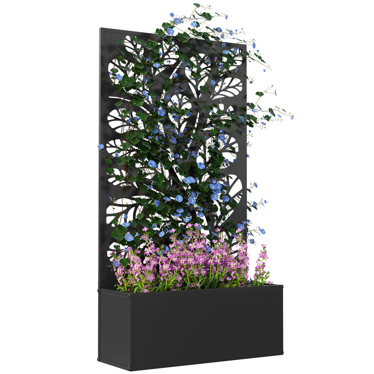 Outsunny Metal Raised Garden Bed with Twig and Leaf Trellis – Wall-Mounted or Freestanding Planter, Black