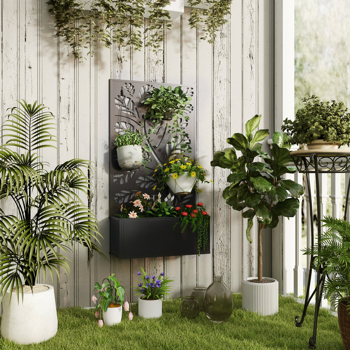 Outsunny Metal Raised Garden Bed with Twig and Leaf Trellis – Wall-Mounted or Freestanding Planter, Black