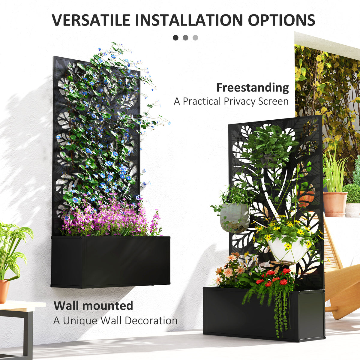 Outsunny Metal Raised Garden Bed with Twig and Leaf Trellis – Wall-Mounted or Freestanding Planter, Black