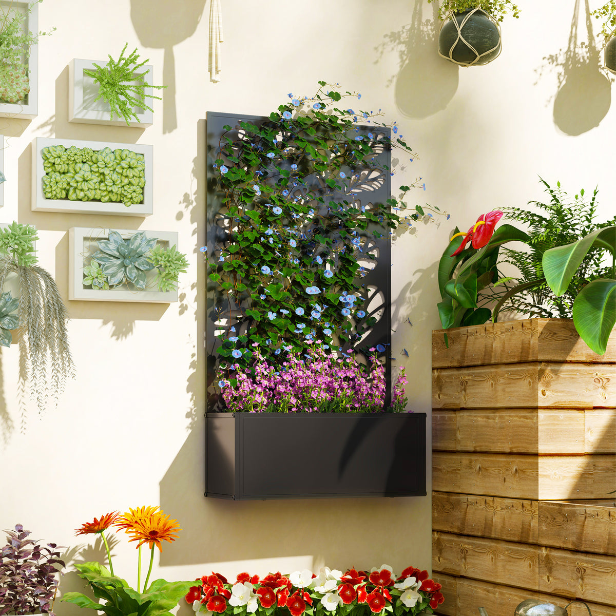 Outsunny Metal Raised Garden Bed with Twig and Leaf Trellis – Wall-Mounted or Freestanding Planter, Black