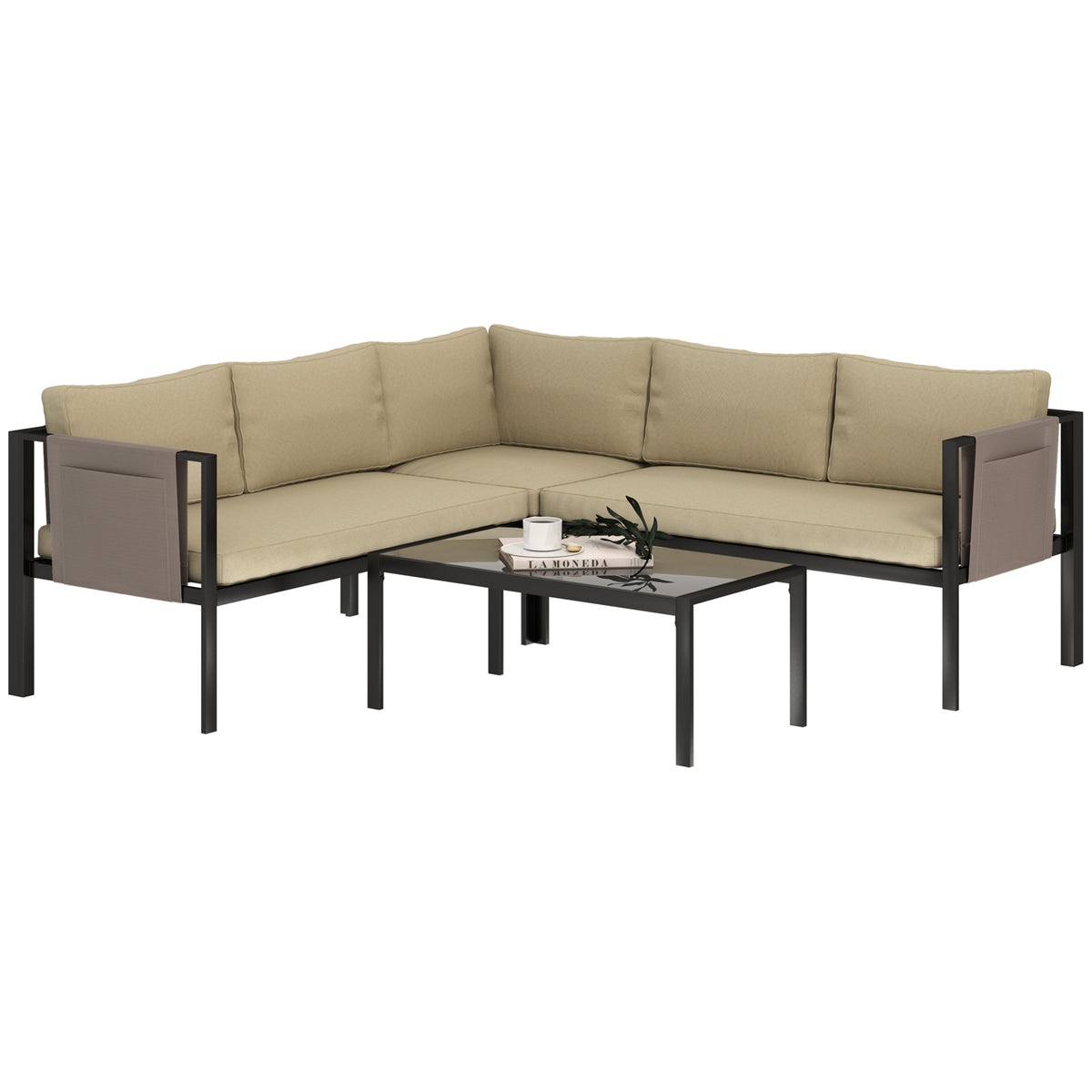 Outsunny 4-Piece Garden Furniture Set with Loveseats, Corner Sofa, Glass Coffee Table & Mesh Pockets – Khaki